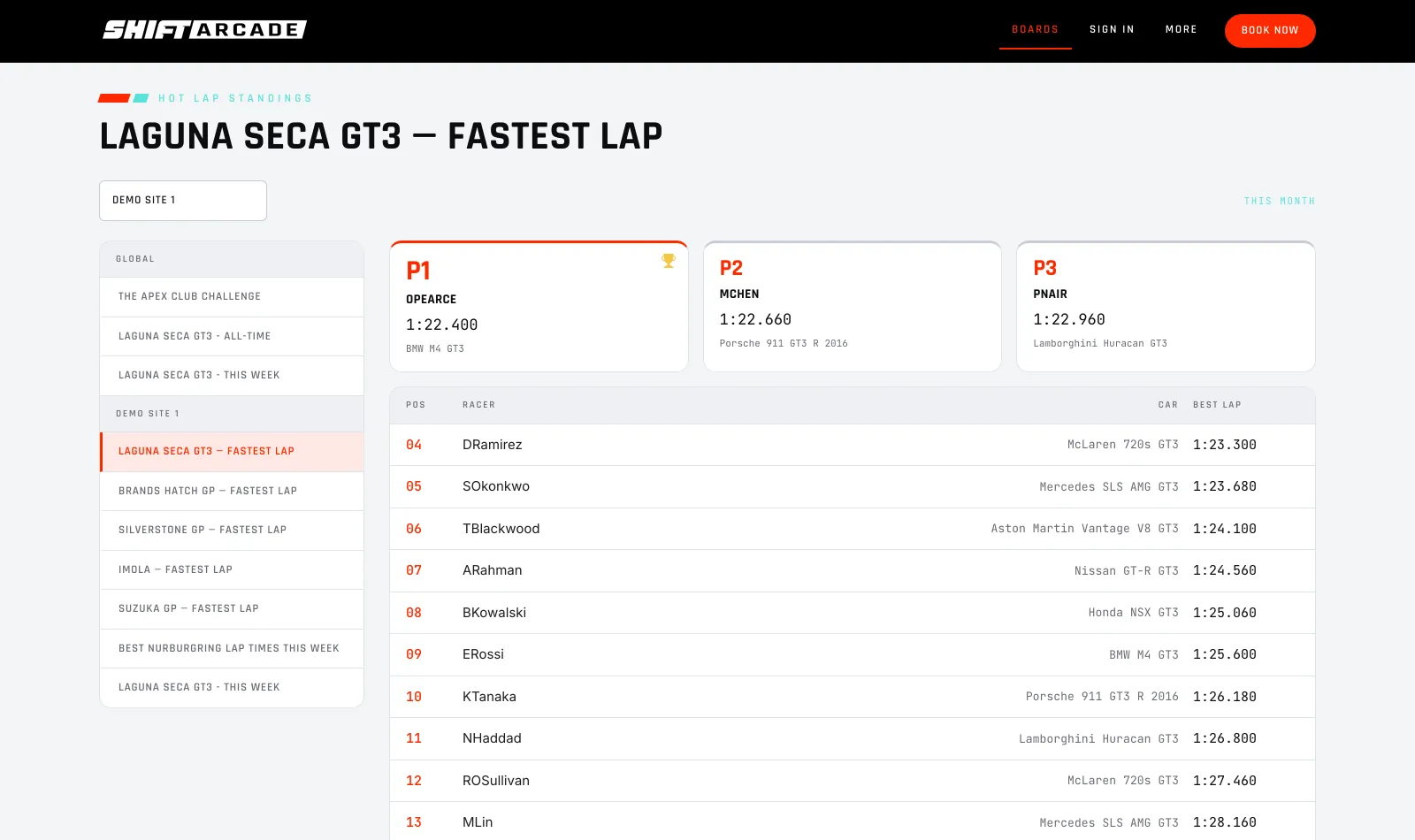 A venue hot lap board on the customer-facing racing site, ranking racers by best lap with the car each set it in