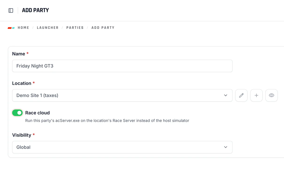 A party set up to run on Race Cloud with Global visibility, so racers at any ShiftOS venue can ask to join