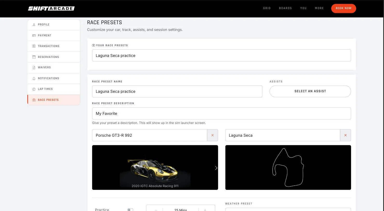 A racer building a race preset on the venue site, with car, circuit, assists, session lengths and weather saved together for reuse