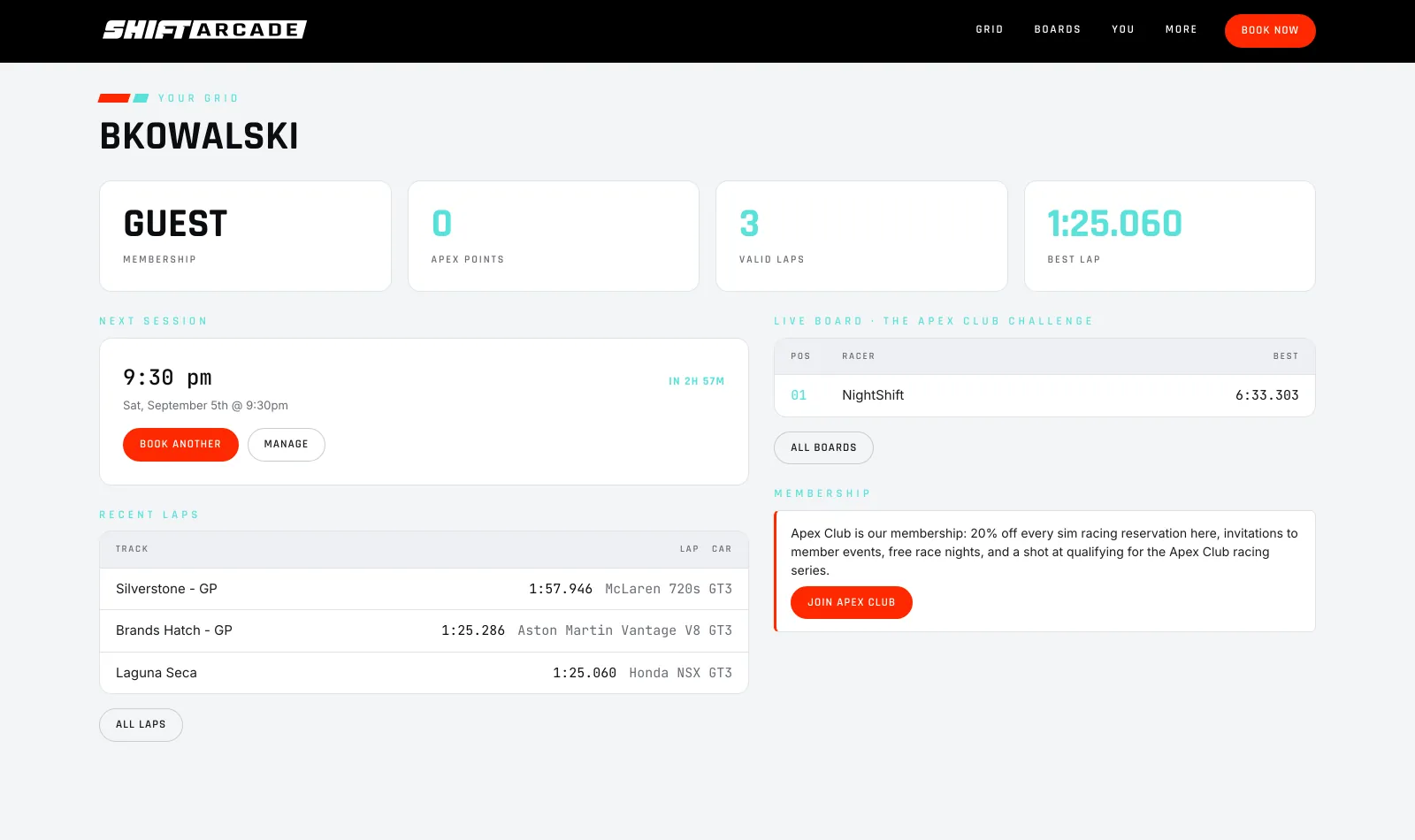 A racer's own dashboard on the venue's site, carrying their membership, next session, best lap and recent laps in one account