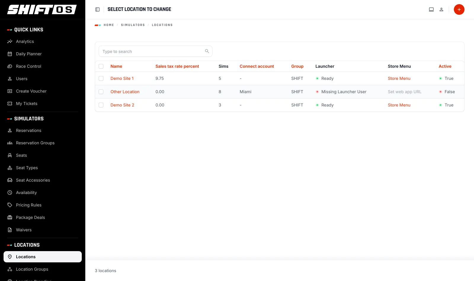 The locations list, each venue with its own sales tax rate, simulator count and Launcher status