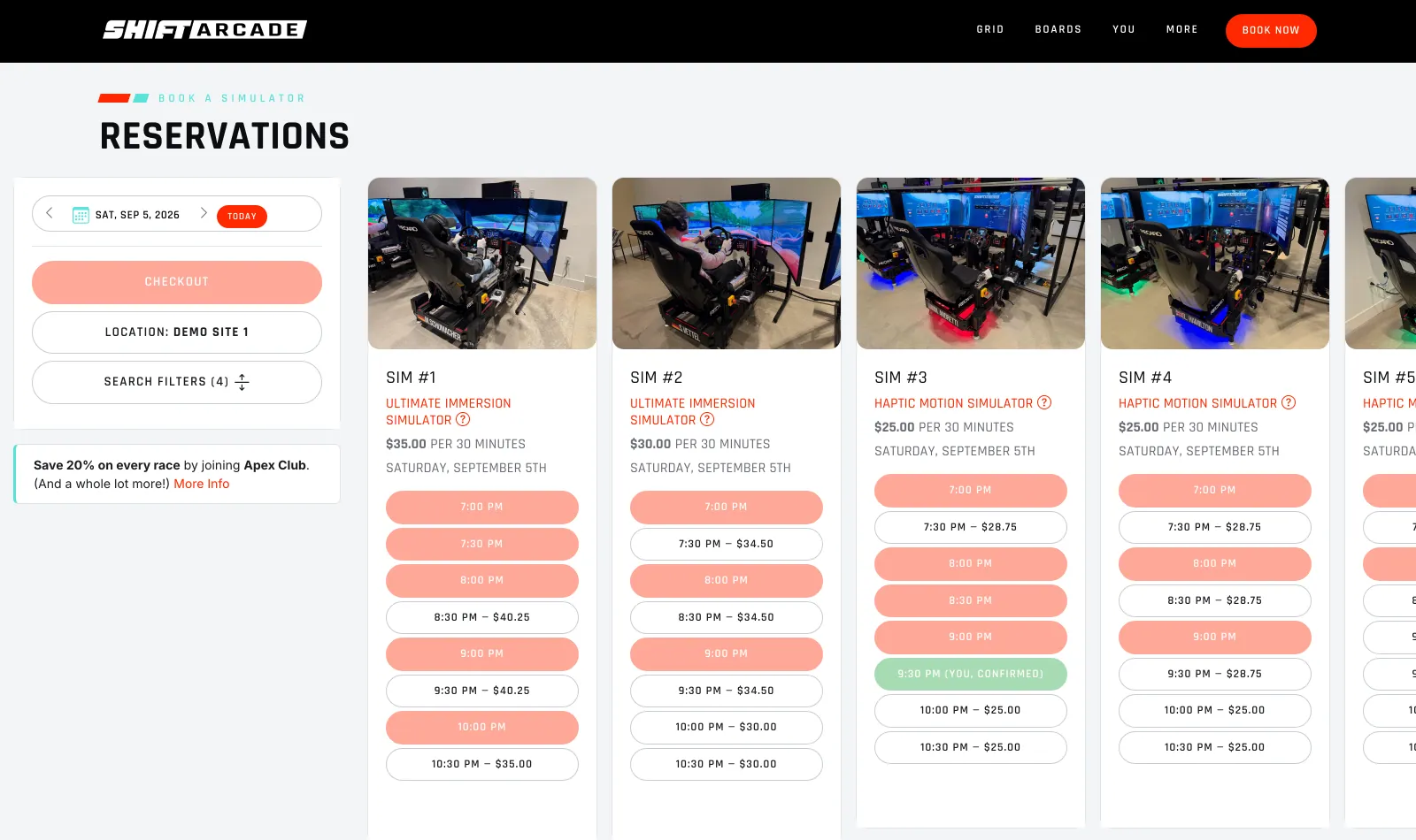 The customer booking screen, each simulator with its type, price per 30 minutes and the times still free that day