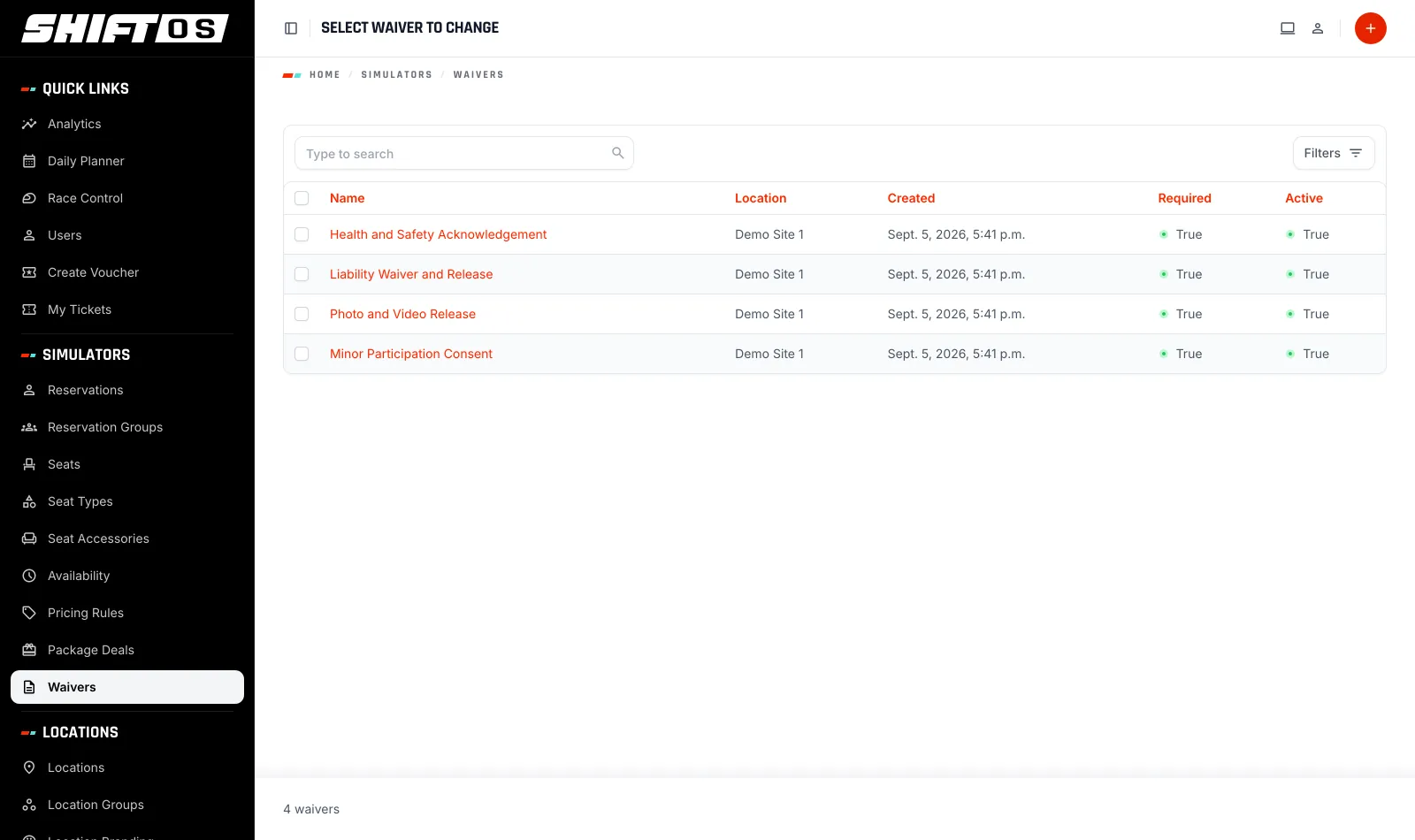 Waivers configured for a venue, each marked required or optional